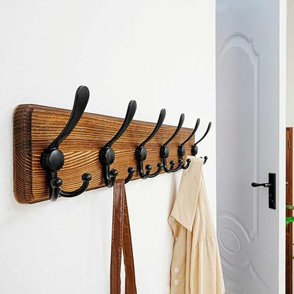 Dseap Coat Rack Wall Mounted - 24" Long 6 Tri Hooks, Heavy Duty Wooden Wall Coat Hanger Coat Hook for Clothes Hat Jacket Clothing, Natural and Black, Pack of 2 - color: Natural & Black, size: L=24"