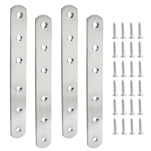 4 Pack 6 Inch Stainless Steel Flat Plate Straight Bracket Flat Metal Brace Bracket, 160mm Metal Brackets Mending Repair Plate Brace with Screws for Wood Straight Brace - size: 6"-160mm-Silver