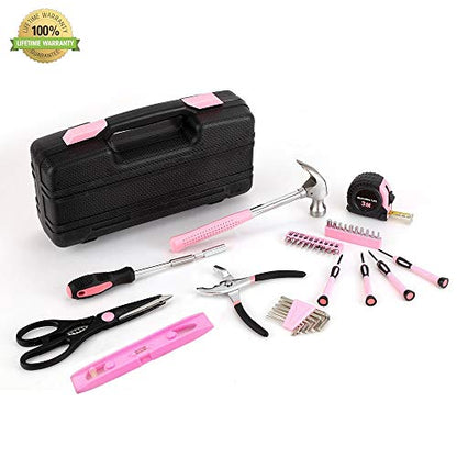 39-Piece General Tool Set-Essential Household Hand Tool Kit with Portable Toolbox Storage Case（Pink—Level Ruler））