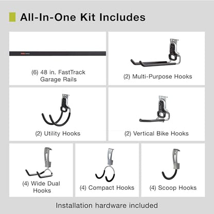 Rubbermaid 24-Piece FastTrack Garage Wall-Mounted Storage Kit, 6 Rails and 18 Hooks, Black, for Home/House/Tool/Sports/Equipment/Utility Purposes - size: 6 Rails, 18 Hooks