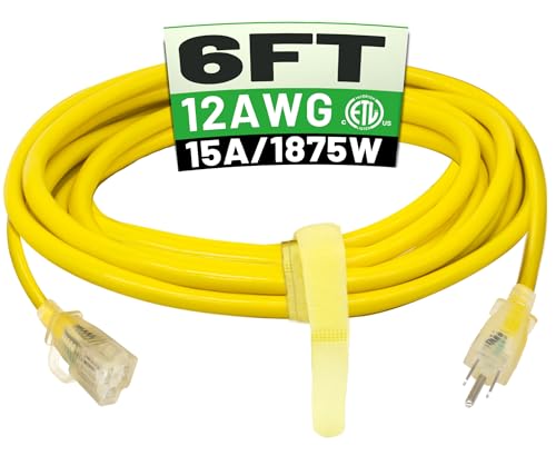 POWGRN 6 ft 12/3 Outdoor Extension Cord Waterproof Heavy Duty with Lighted Indicator End 12 Gauge 3 Prong, Flexible Cold-Resistant Long Power Cord Outside, 15Amp 1875W SJTW Yellow ETL Listed - color: Yellow, size: 6FT