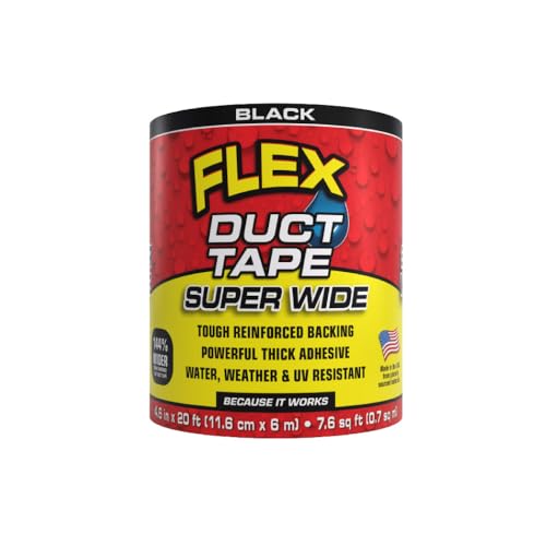 Flex Duct Tape, Super Wide, 4.6 Inches x 20 Feet, Black, Heavy Duty Strong, Multi-Surface, Water, Weather and UV Resistant, Tearable, Perfect for Boxes, No Residue - color: Black, size: 4.6" x 20'