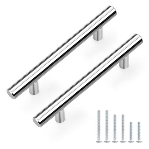 Probrico 5 Pack Hole Centers (96mm) 3.75inch Polished Chrome Kitchen Cabinet Handles Stainless Steel Polished Chrome Cabinet Pulls Round T Bar Pull Handle for Cabinets and Drawers Total Length 6inch - color: Polished Chrome, size: Hole Centers: 3-3/4"