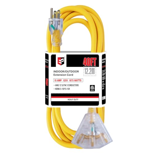EP 40 Ft 12 Gauge Heavy Duty Extension Cord, 15A 125V 1875W, 3 Outlet Indoor/Outdoor Power Cord with Lighted End, 12/3 SJTW Weatherproof Yellow - color: Yellow, size: 40FT