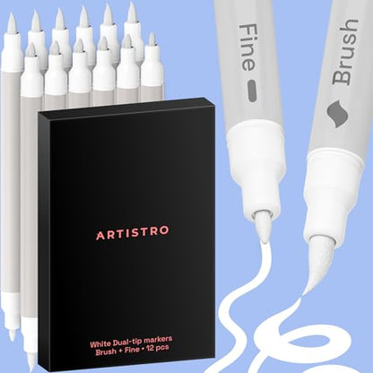 ARTISTRO 12 White Acrylic Paint Markers - Paint Pens for Drawing, Brush + Fine Tips - For Fabric, Rock, Glass, Wood, DIY - Art & Craft Supplies for Adults, Teens, Kids - Teacher Appreciation Gift - style: White