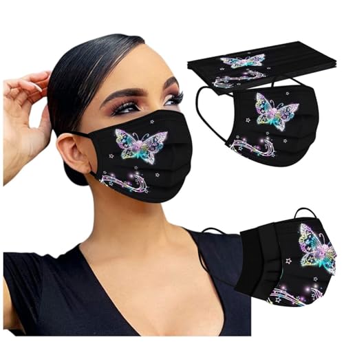 50 PCs Butterfly Disposable Face_Mask for Women,3 Ply Adults Black Butterfly_Mask With Floral Design Fashion Facemask Women Men