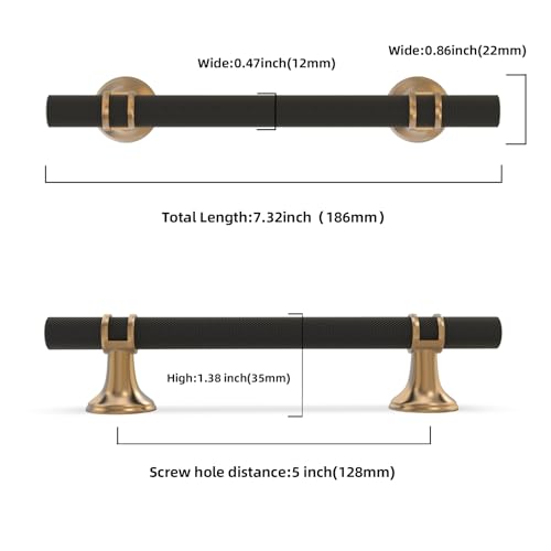 10 Pack 5 Inch Cabinet Pulls knurled Matte Black and Champagne Bronze Kitchen Cabinet Handles Aluminum and Zinc Alloy Drawer Pulls Solid Cabinet Hardware - color: Black and Champagne Knurled, size: 5'' Hole Center(128mm)