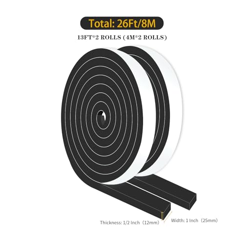 Weather Stripping,Soundproof,Cold Insulation,High Density CR Foam Insulation Tape for Door, Front Door Frame, Windows,Sliding Door (Black,1 in x 1/2 in x 26Ft) - size: 1 In x 1/2 In x 26Ft
