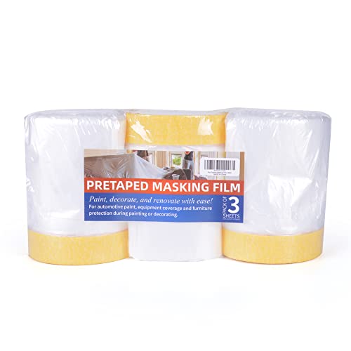 TAPEBEAR Pre-Taped Masking Film, Tape and Drape, Plastic Sheeting Roll, Automotive Painters Masking Tape Film, Plastic Sheeting Cover for Appliance and Furniture, 22inch X 30yard, 3Rolls - size: 550mm x 27m