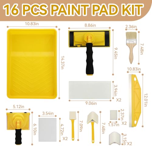 Paint Edger Tool Kit - 9 Inch Paint Pad Set, 16 PCS Paint Edger with Trim - Touch-Up Pad, Corner Wall and Ceiling Pad, 360° Rotation Handle Paint Edger Trimmer, Paint Tray, Paintbrush