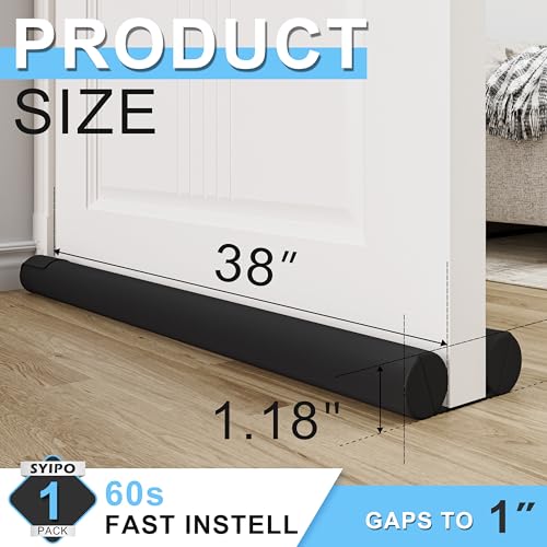 SYIPO Door Draft Stopper, Under Door Sound Blocker - Blocks Noise, Cold/Hot Air, Bugs, Smells, ect. Easy Install Sound Proof Bottom Door Gap Filler & Seal - Fits 30” to 38” Door, Black
