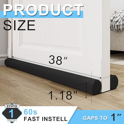 SYIPO Door Draft Stopper, Under Door Sound Blocker - Blocks Noise, Cold/Hot Air, Bugs, Smells, ect. Easy Install Sound Proof Bottom Door Gap Filler & Seal - Fits 30” to 38” Door, Black