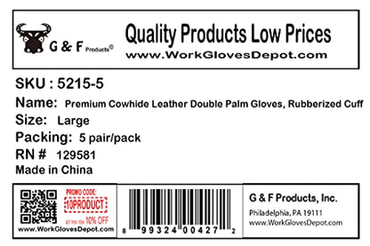 G & F Products G & F 5215L-5 Premium Suede Double Palm & Index Finger Work Gloves with 2 & 1/2 Rubberized Safety Cuff, 5 Pair Pack, Large, Grey - size: Large (Pack of 5), style: Double Palm