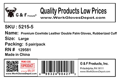 G & F Products G & F 5215L-5 Premium Suede Double Palm & Index Finger Work Gloves with 2 & 1/2 Rubberized Safety Cuff, 5 Pair Pack, Large, Grey - size: Large (Pack of 5), style: Double Palm
