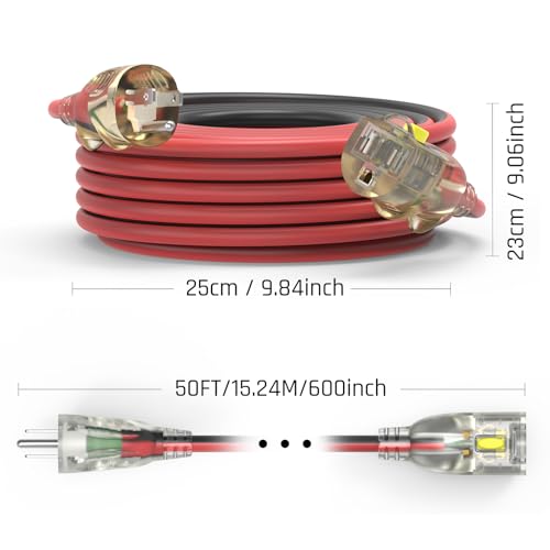 50FT Medium Duty Outdoor Extension Cords, 14/3 Gauge Electrical Wire Cable, 15 Amp Waterproof, LED Lighted Locking Plug for Indoor and Outside Use, Power Cord ETL Certified