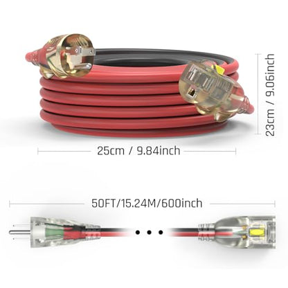 50FT Medium Duty Outdoor Extension Cords, 14/3 Gauge Electrical Wire Cable, 15 Amp Waterproof, LED Lighted Locking Plug for Indoor and Outside Use, Power Cord ETL Certified