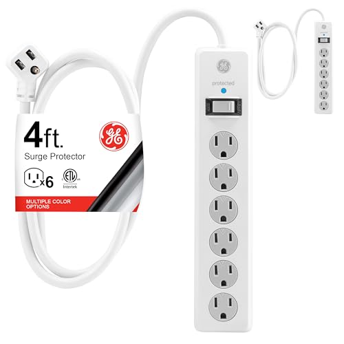 GE Surge Protector Power Strip, 4 Ft Extension Cord, 6 Outlet Extender, 800 Joules, Flat Plug, Twist-to-Close Safety Covers, UL Listed, White, 2 Pack, 54634 - color: White, size: 4 Ft, style: 2 Pack