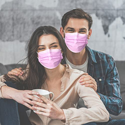 DC-BEAUTIFUL 100 Pcs Pink Disposable 3 Ply Earloop Face Masks,Fit for Adults - color: Pink