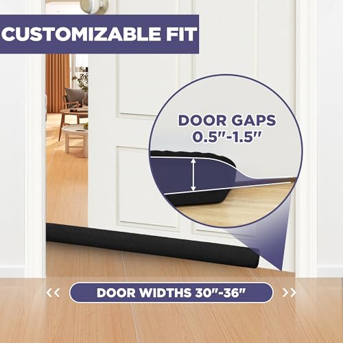 Ciieyuo Premium Velvet Door Draft Stopper, 30'' to 36'' Adjustable Gap Filler, Double-Sided Windproof Seal, Easy Install to Block Noise, Cold Air, Light, Dust, and Drafts - color: Black, size: 30'' to 36''
