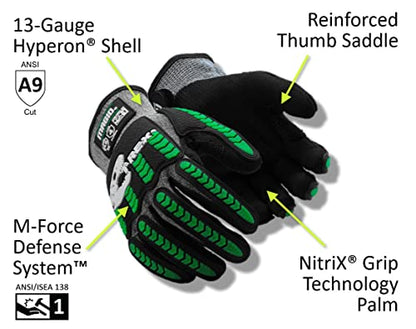 MAGID T-REX Flex Series ANSI Cut Level A9 Knit Impact Glove, 3 Pairs, NitriX Palm, Size 7/S, Black & Green, TRX795 - size: 7/S, style: 3 Pairs