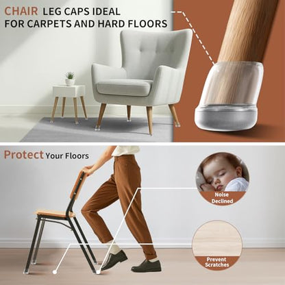 Ezprotekt 24 Pcs Chair Leg Floor Protectors, Chair Leg Caps, Silicone Protectors Covers for Hardwood Floors & Carpet, Pet Dust & Hair Proof Chair Pads - for Dining Table Chair, Clear M Fit (0.87"-1") - size: M-Round