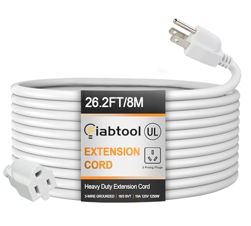 White Heavy-Duty Waterproof Extension Cord, 26FT Indoor/Outdoor UL-Listed Power Cord, 1250W/10A, 18/3 SVT Cable, 3-Prong Grounded Plug for Patio, Garage, Workshop - color: White 10A 1250W, size: 26FT