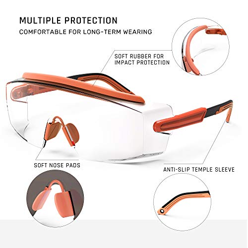 Anti Fog Safety Glasses Safety Goggles Over Glasses Protective Glasses with Anti Scratch Lenses Adjustable - color: Orange