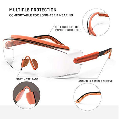 Anti Fog Safety Glasses Safety Goggles Over Glasses Protective Glasses with Anti Scratch Lenses Adjustable - color: Orange