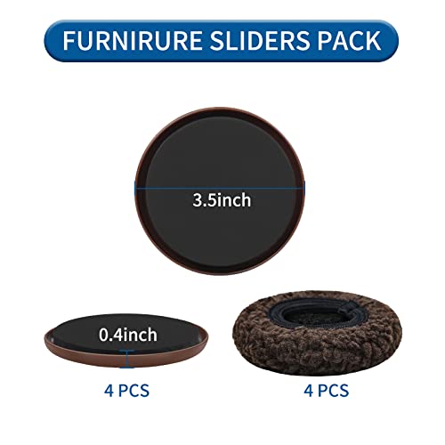 Furniture Sliders, Multi-Surface Furniture Sliders for Carpet & Hardwood Floors, 4 Pack 3 1/2" Furniture Movers for Carpet + 4 Hardwood Socks, Move Furniture on Any Surface Easily! - size: 4+4 Pack 3.5inch (Brown)