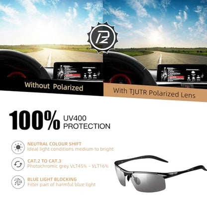 TJUTR Mens Photochromic Sunglasses Day & Night Driving Z87 Sun Glasses Polarized UV400 Protection Safety Glasses - color: A Black Frame/Grey Photochromic Polarized Lens