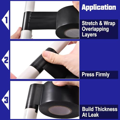 SPEEDWOX Pipe Wrap Tape PVC Black 1.9 Inch 33 Yard Vapor Barrier Tape Hose Repair Tape Self Fusing Silicone Tape Pipe Repair Clamp for Water Leaks Garden Hose Repair