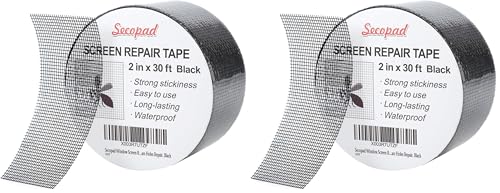 Secopad Black Window Screen Repair Tape, 2 in X 30 FT (360IN) Screen Repair Kit for Windows or Doors, Strong Adhesive Fiberglass Mesh Patch Tape (Pack of 2) - color: Black, size: 2IN x 30FT (Pack of 2)