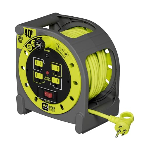 Masterplug 40ft Case Cord Reel, Retractable Extension Lead with Winding Handle, Safety Overload Circuit Breaker and Power Switch, 4X Grounded Outlets, 13amps, 14AWG Cable - size: 40ft