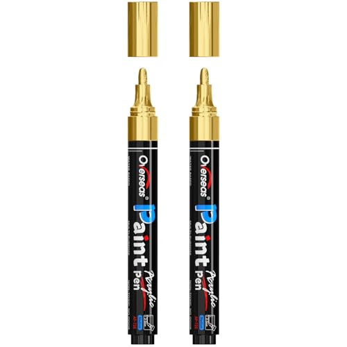 Overseas Gold Paint Pens Paint Markers - Permanent Acrylic Markers 2 Pack, Water Based, Quick Dry, Waterproof Marker Pen for Rock, Wood, Plastic, Metal, Canvas, Glass, Fabric, Mugs. Medium Tip - color: Gold