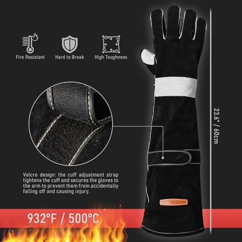 YESWELDER 23.6 Inches 932℉,Leather Forge MIG Welding Gloves, with Kevlar Stitching Heat/Fire Resistant, Palm Reinforcements, Forge,Grill, Fireplace Black-Gray - size: One Size Long, style: Reinforced Palms and Fingers Black White