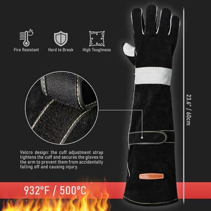 YESWELDER 23.6 Inches 932℉,Leather Forge MIG Welding Gloves, with Kevlar Stitching Heat/Fire Resistant, Palm Reinforcements, Forge,Grill, Fireplace Black-Gray - size: One Size Long, style: Reinforced Palms and Fingers Black White
