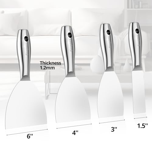 4 Pack Putty Knife Scraper,1.5",3",4",6" One Piece Premium Polished All-Stainless Steel Scraper Tool for Spreading Drywall Spackle & Mud, Taping, Scraping Paint