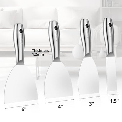 4 Pack Putty Knife Scraper,1.5",3",4",6" One Piece Premium Polished All-Stainless Steel Scraper Tool for Spreading Drywall Spackle & Mud, Taping, Scraping Paint