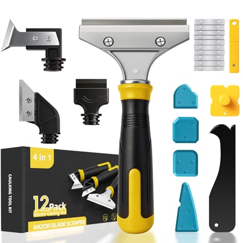 12pack Caulking Tool Kit, Multifunctional Caulk Remover Tool, Grout Removal Tool, Silicone & Grout Cleaner for Bathroom, Shower, Tile, Window, Household Caulk Kit(Yellow) - color: Yellow