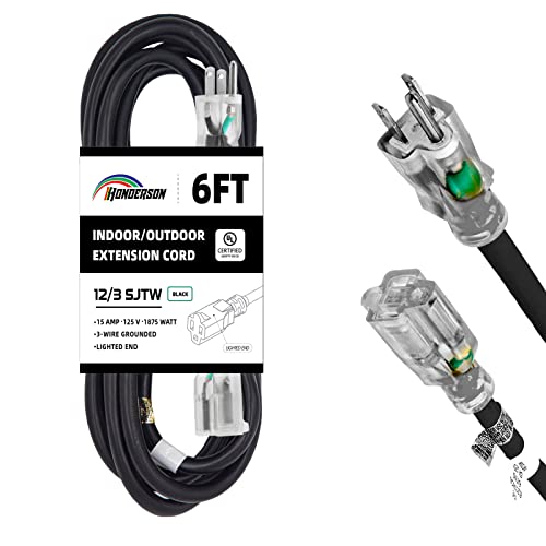 Indoor Outdoor Extension Cord Weatherproof with Lighted End, UL Certified, 12 Gauge 6FT Black 3 Prong Heavy Duty, 12/3 SJTW 15A Power Cord for Outdoor Lights, Lawn - size: 6ft, style: 12/3