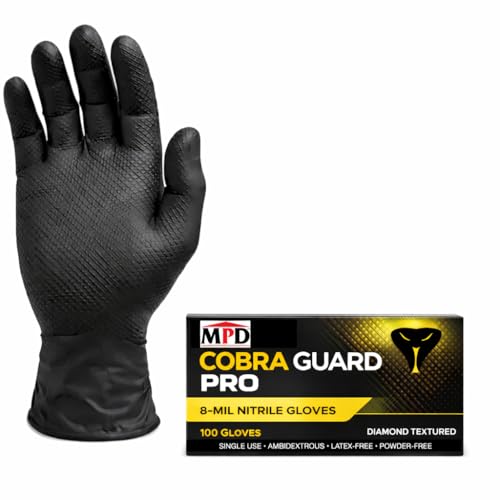 MPD Cobra Guard PRO Black 8-Mil Nitrile Gloves, Diamond Textured Torque Grip. - size: Large, style: Case of 1x100