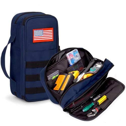 Tactical Tool Bag for Men,Wide Mouth Tool Pouch with Water-Resistant, Multi-purpose Range Bags with Zipper Handle,Heavy Duty Small Tool box organizer for Repairman, Carpenters, Handyman - color: Blue