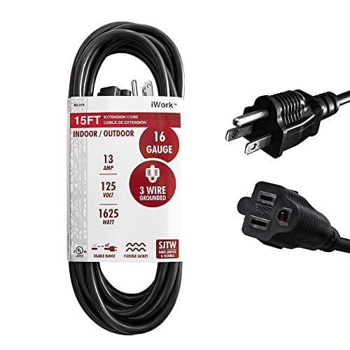 15 Ft Black Extension Cord 3 Prong, Weather-Resistant 16/3 SJTW, 1625 Watt, 13 AMP Rating with UL Listed for Indoor and Outdoor Uses - size: 15-Foot