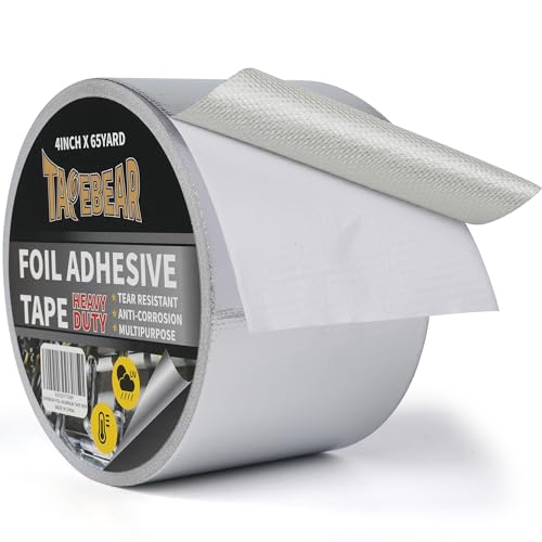 TAPEBEAR Fiberglass Aluminized Foil Tape 4inch x 65Yards, Heat Shield Thermal Barrier Adhesive Backed Heat Reflective Tape Cool Tape for Air Dryer Vent, HVAC, Heating Unit, Auto, Pipe, 196Ft - size: 4inch x 65yard