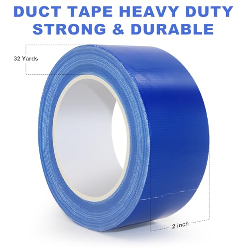 Blue Duct Tape, 2 Inches x 32 Yards, Heavy Duty Waterproof, Strong, Durable, Easy-Tear by Hand, Residue-Free for Home Repairs, Industrial, Fixed Carpet Edge, DIY Projects - color: Blue