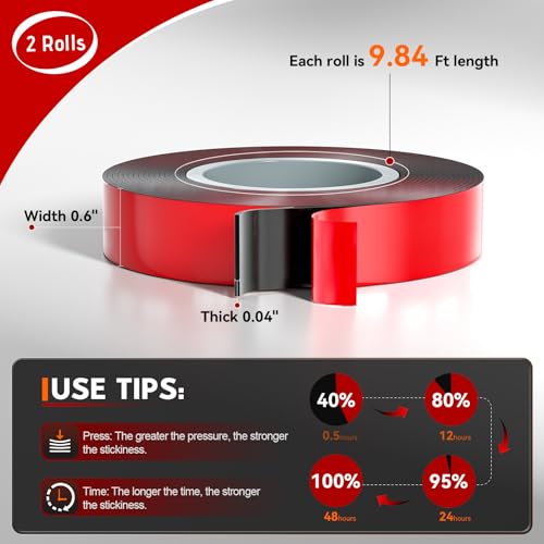 PHIXBEAR 2 Rolls Car Double Sided Tape High Temperature Resistant Heavy Duty, 19.7 Ft X 0.6 ", Strong Adhesion and Multi-Purpose Automotive Parts Mounting Tape