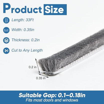 YoleShy 33 Ft Brush Weather Stripping Door Seal Strong Self-Adhesive Weather Stripping Window Seal Soundproofing Windproof Dustproof 0.35 in Wide x 0.2 in Thick, Grey - size: 0.35 x 0.2 inches