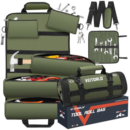 Tool Roll Up Bag, Gifts for Him Men Dad Husband Boyfriend Fathers Day, 1680D Portable Tool Storage for Men, Heavy Duty Tool Organizer with Detachable Pouches&Wrench Roll for Mechanic - style: Roll-1680D-Green
