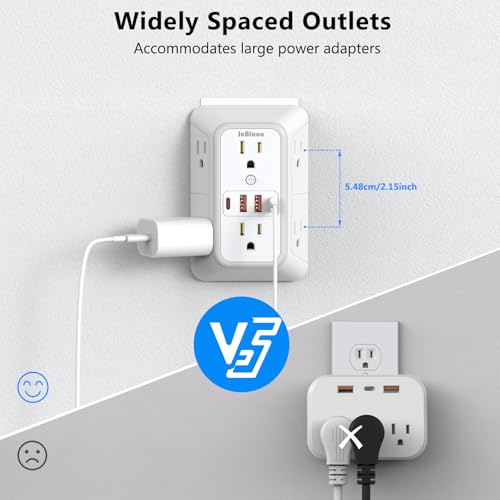 2 Pack Outlet Extender Surge Protector, 6 Outlet Splitter with 4 USB Outlet (2 USB A,2 USB C), 3Sided Power Strip with Adapter Spaced Outlets for Home, Office, Travel(White) - color: White 2PCS