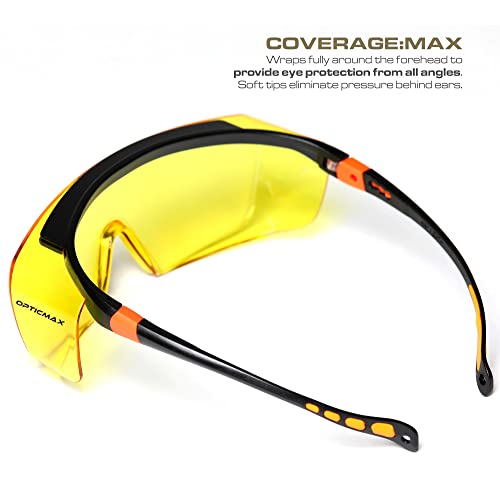 Optic Max Safety Glasses That Fit Over Your Prescription Eyewear. Anti- Fog & Scratch Wraparound Lenses, Adjustable Arms - color: Amber, size: Over The Glasses